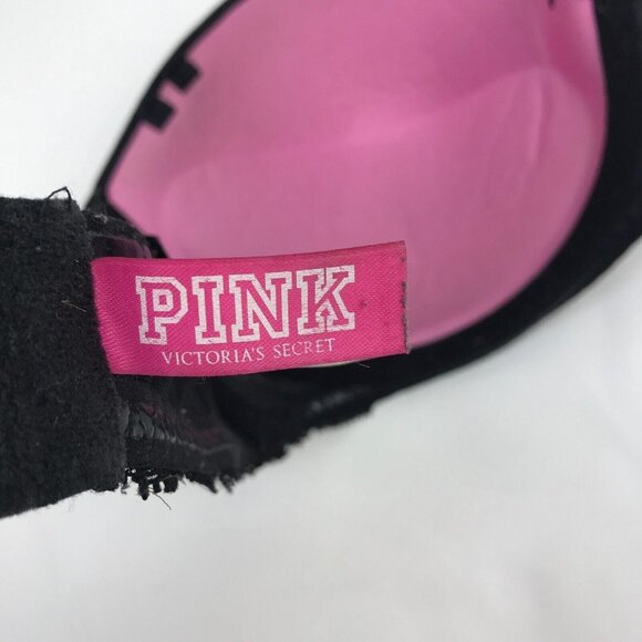 Victorias‎ Secret Pink Strapless Padded Bustier Bra 34D Black Sequin Underwired - Picture 7 of 8